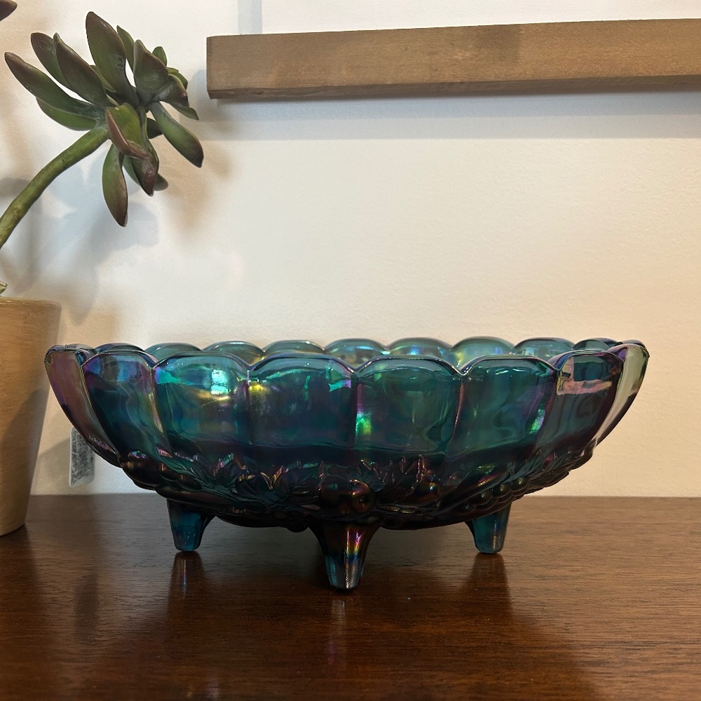 Carnival Glass Indiana Fruit Bowl Iridescent Blue